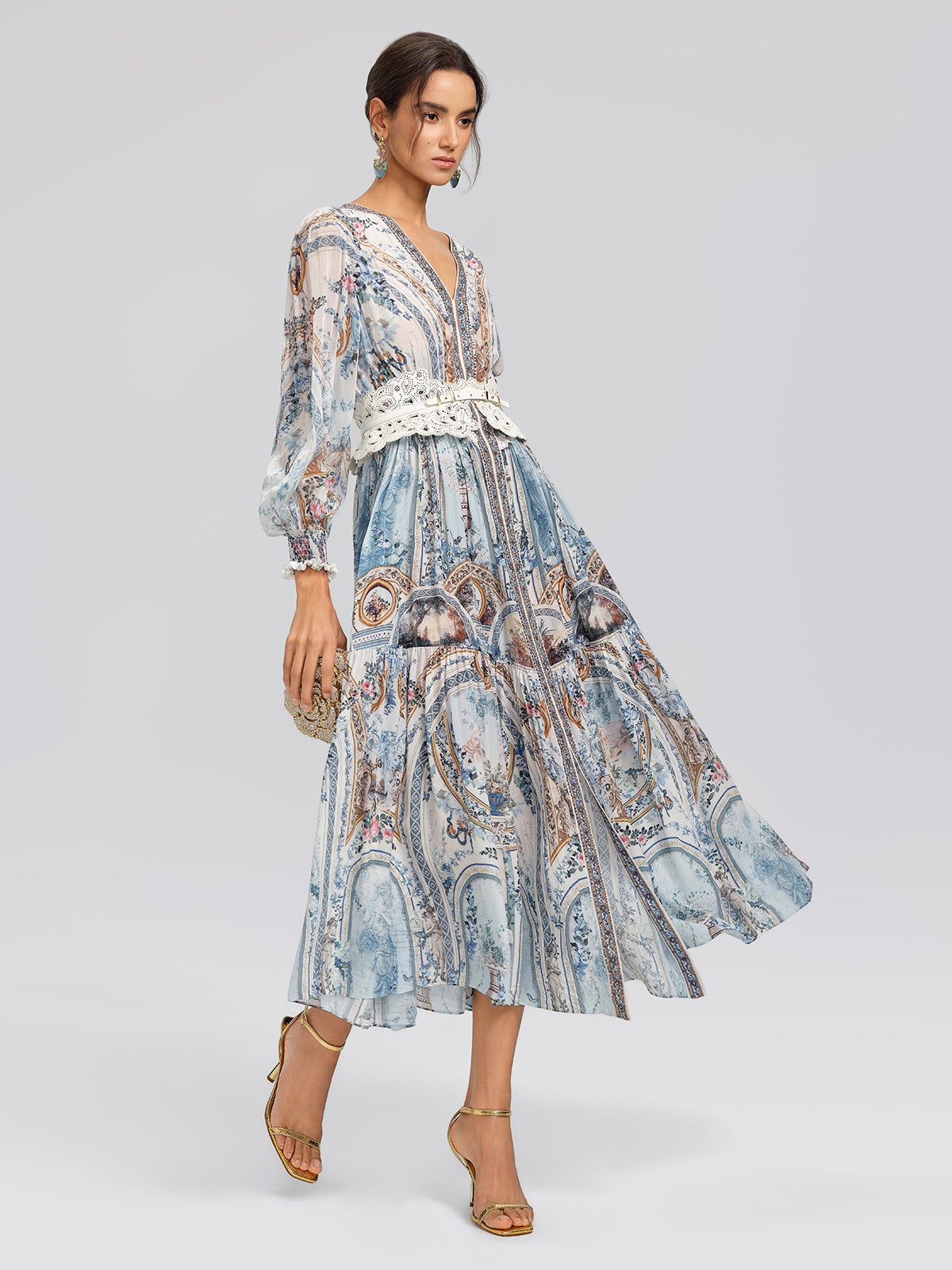 Silk Printed Rhinestones Elastic Waist Dress (Belt Not Included)