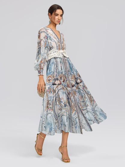 Silk Printed Rhinestones Elastic Waist Dress (Belt Not Included)