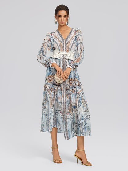 Silk Printed Rhinestones Elastic Waist Dress (Belt Not Included)