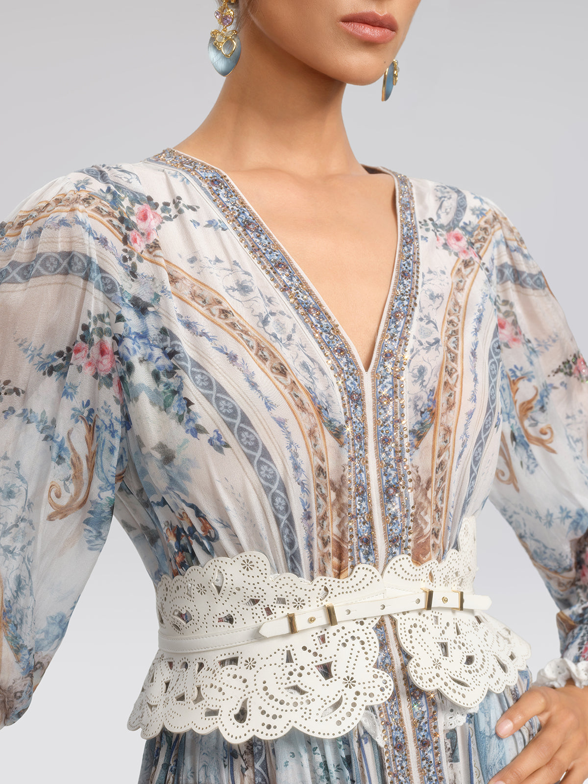 Silk Printed Rhinestones Elastic Waist Dress (Belt Not Included)