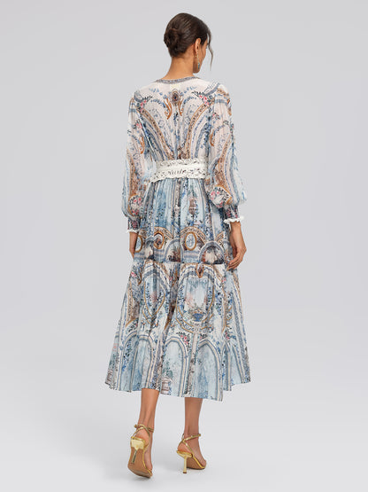 Silk Printed Rhinestones Elastic Waist Dress (Belt Not Included)