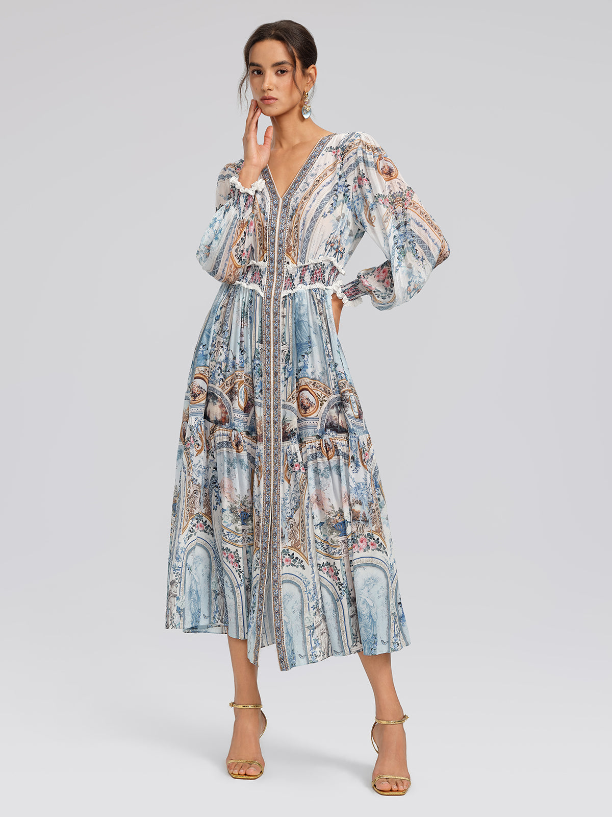 Silk Printed Rhinestones Elastic Waist Dress (Belt Not Included)