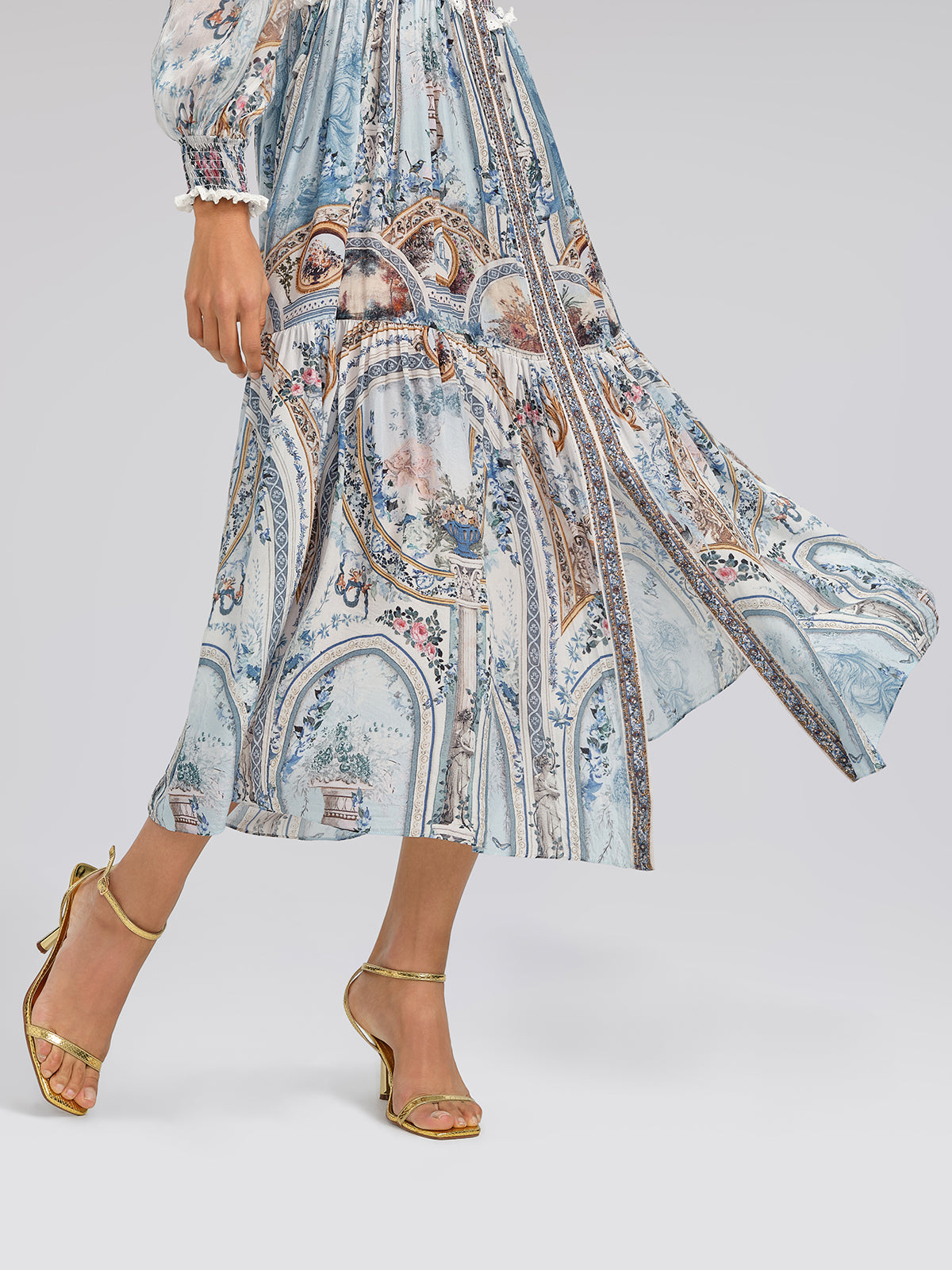 Silk Printed Rhinestones Elastic Waist Dress (Belt Not Included)