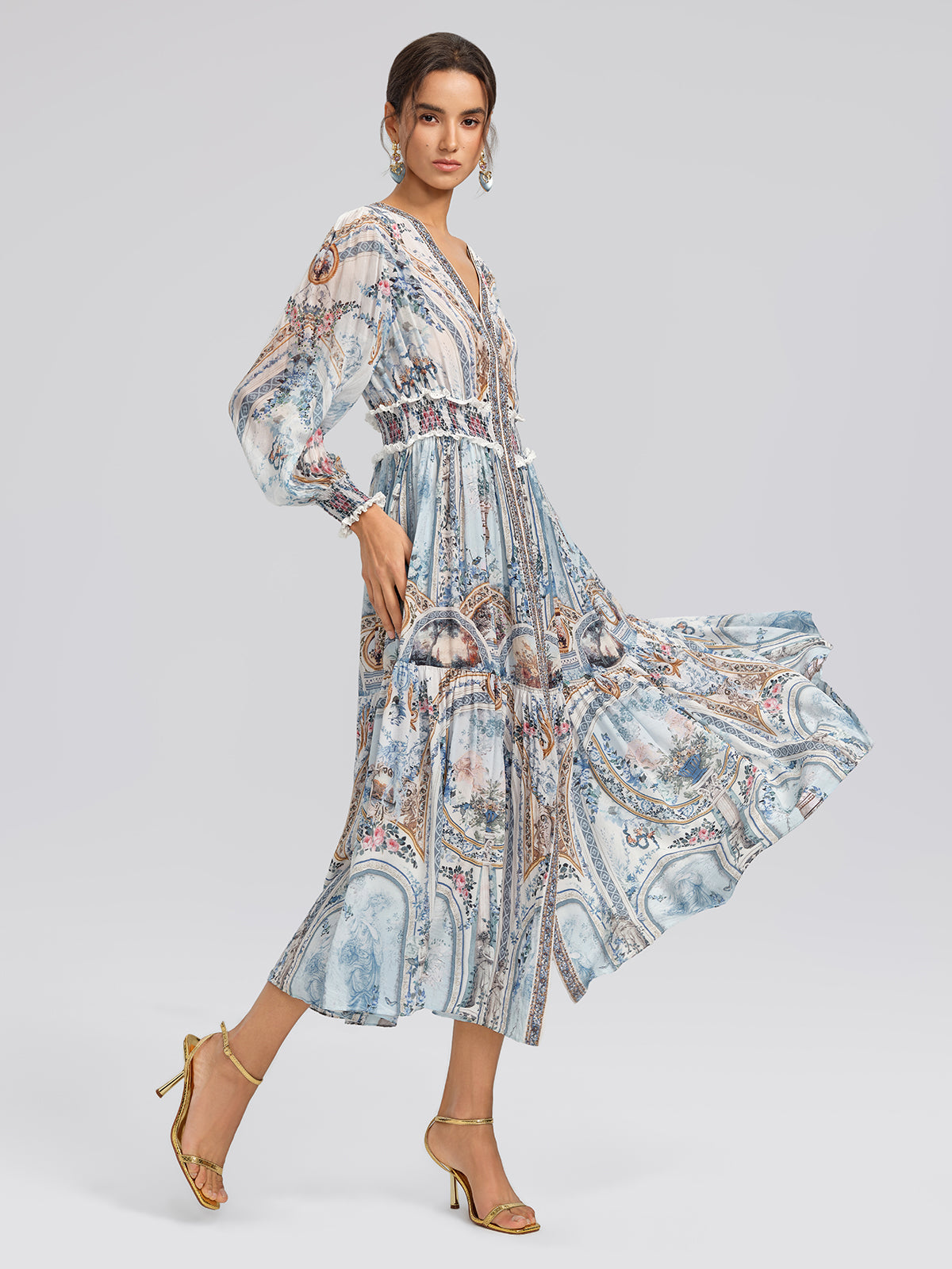 Silk Printed Rhinestones Elastic Waist Dress (Belt Not Included)