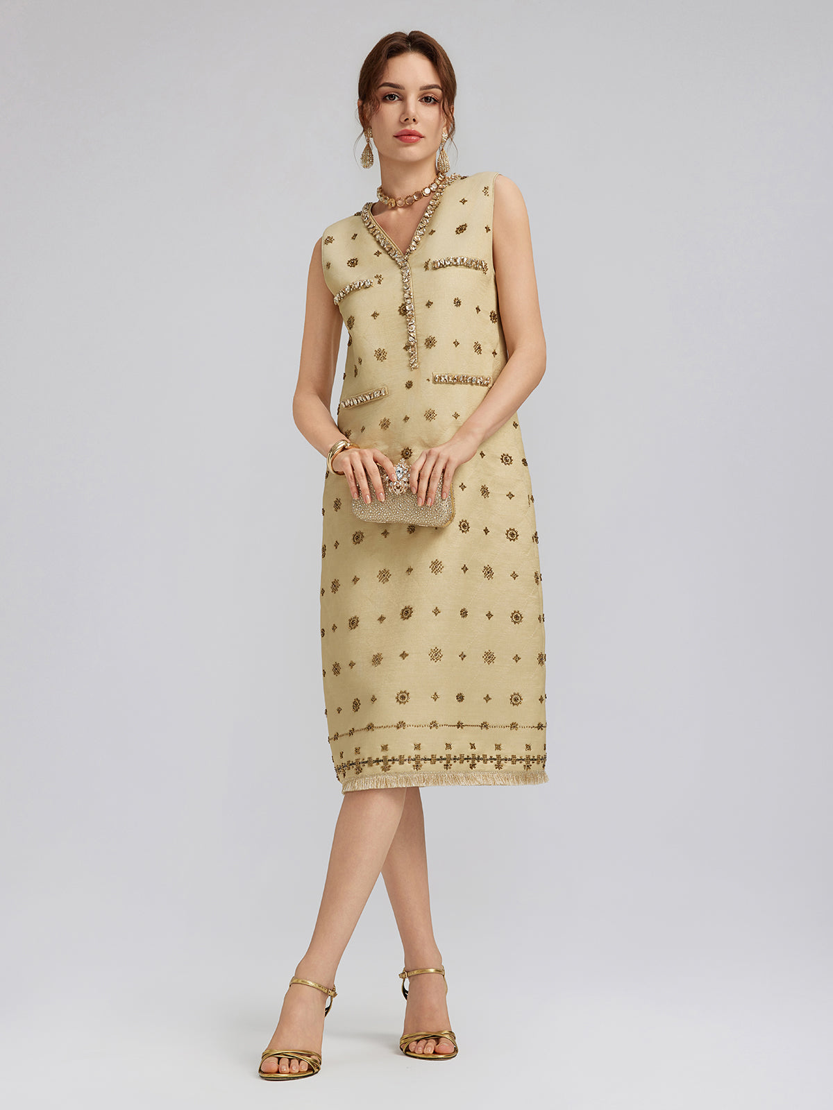 Hand-Beaded Fringe Sleeveless Dress