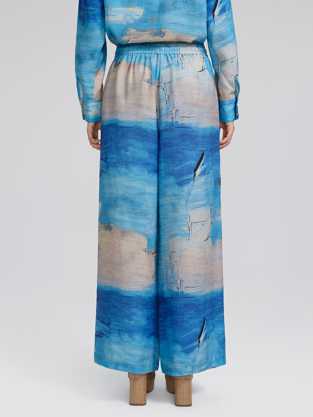 Blue Oil Painting Print Wide-Leg Pants