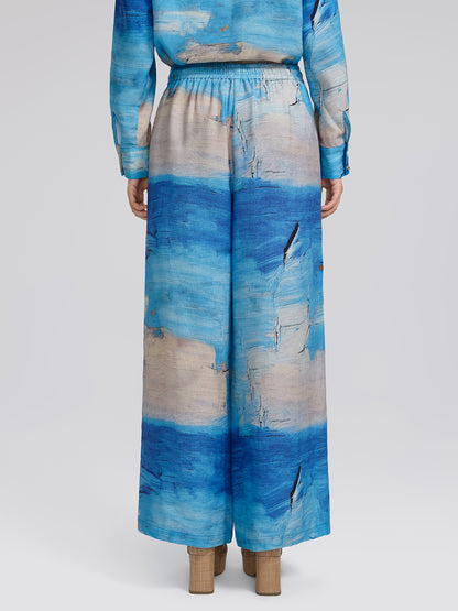 Blue Oil Painting Print Wide-Leg Pants