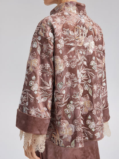Velvet Sequined Floral Embroidered Jacket
