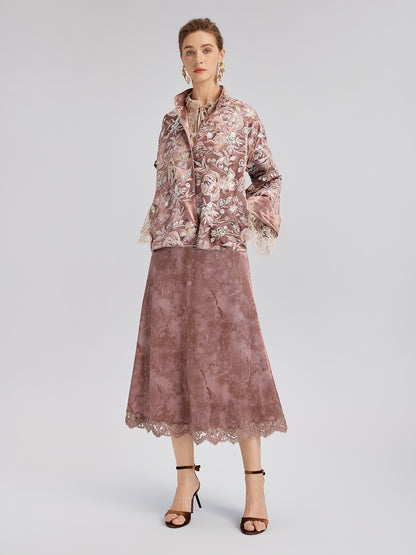 Chestnut Velvet Lace-Trim Fishtail Skirt