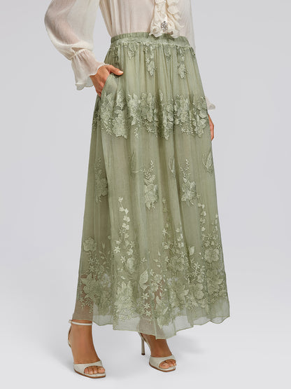 Hand-Dyed Embroidered Elastic-Waist Skirt