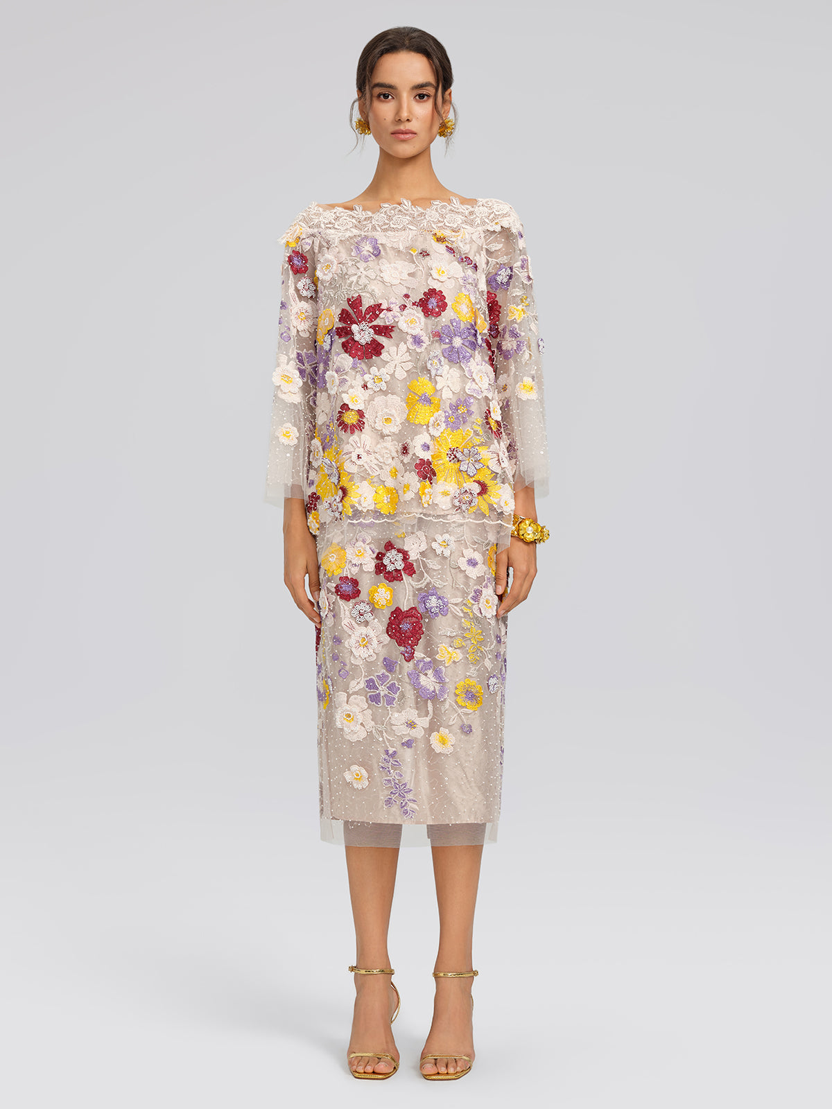 Beaded Floral Embroidered Sheer Mesh Skirt