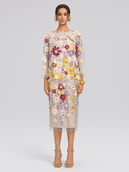 Beaded Floral Embroidered Sheer Mesh Skirt