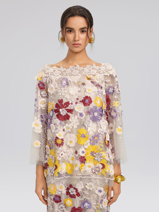 Floral Embroidered Beaded Lace Panel Top