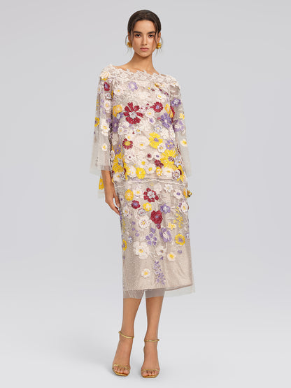 Beaded Floral Embroidered Sheer Mesh Skirt