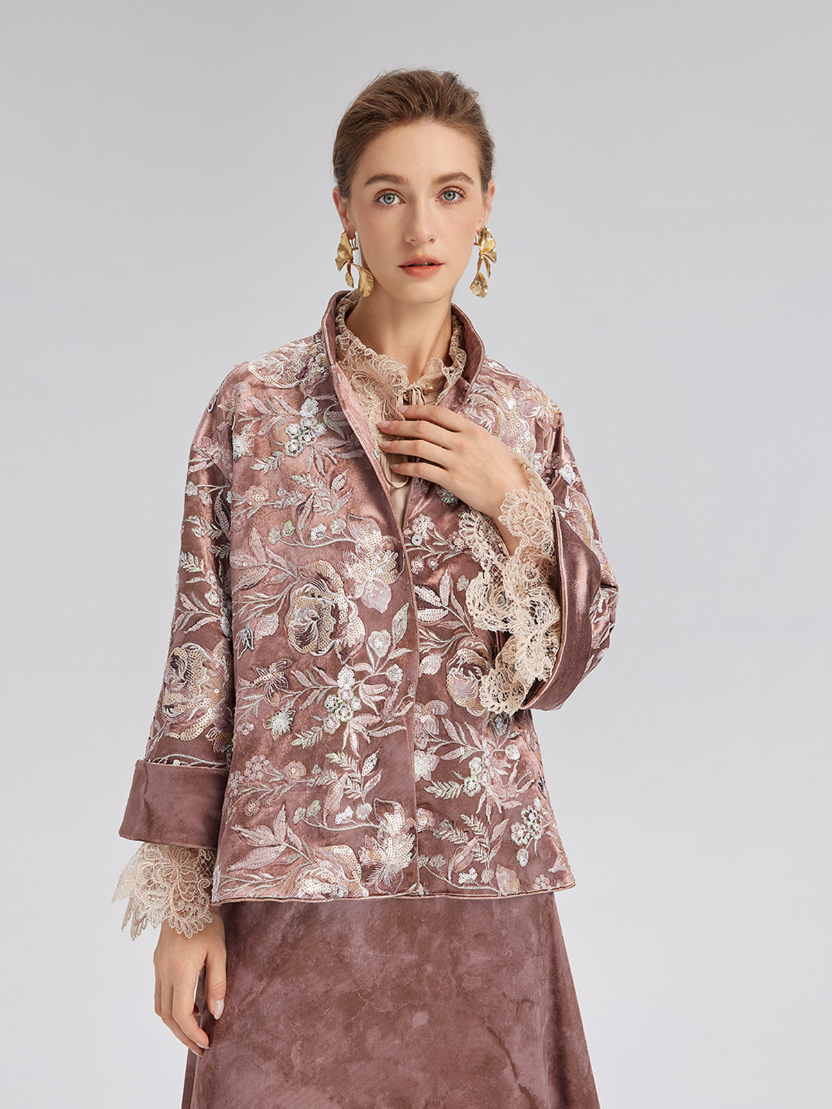 Velvet Sequined Floral Embroidered Jacket