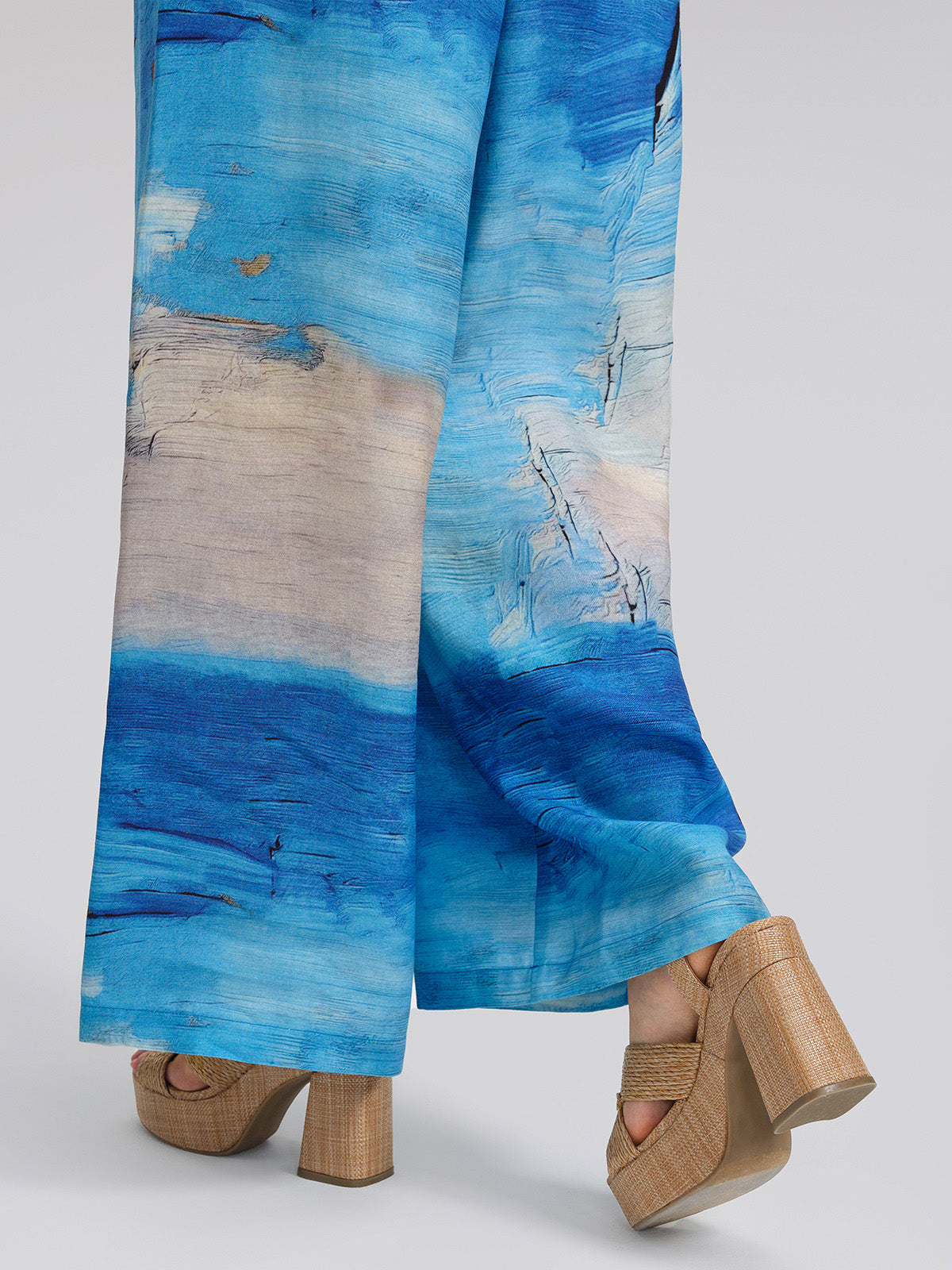 Blue Oil Painting Print Wide-Leg Pants