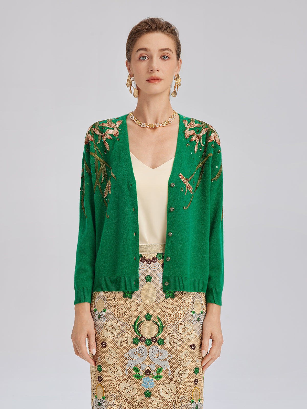 Wool Hand-Beaded Embroidered Cardigan (100% Wool)