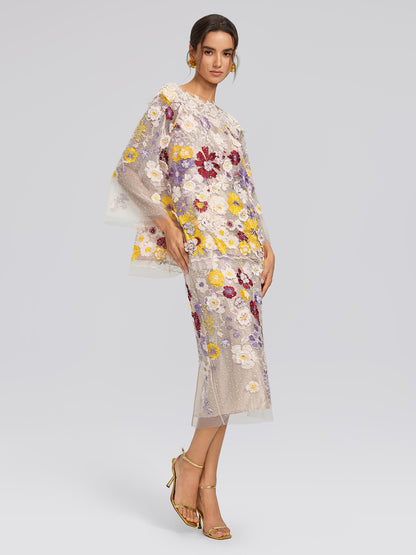 Beaded Floral Embroidered Sheer Mesh Skirt