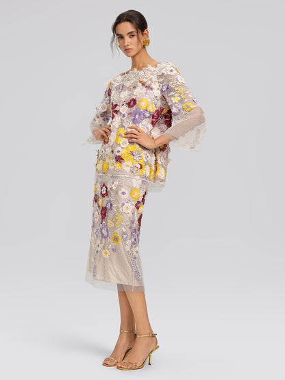 Beaded Floral Embroidered Sheer Mesh Skirt