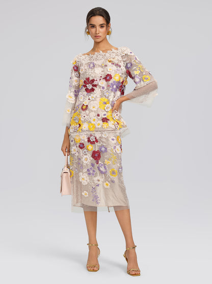 Beaded Floral Embroidered Sheer Mesh Skirt