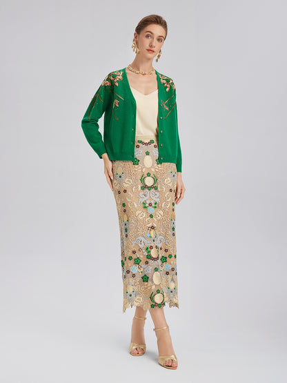 Wool Hand-Beaded Embroidered Cardigan (100% Wool)