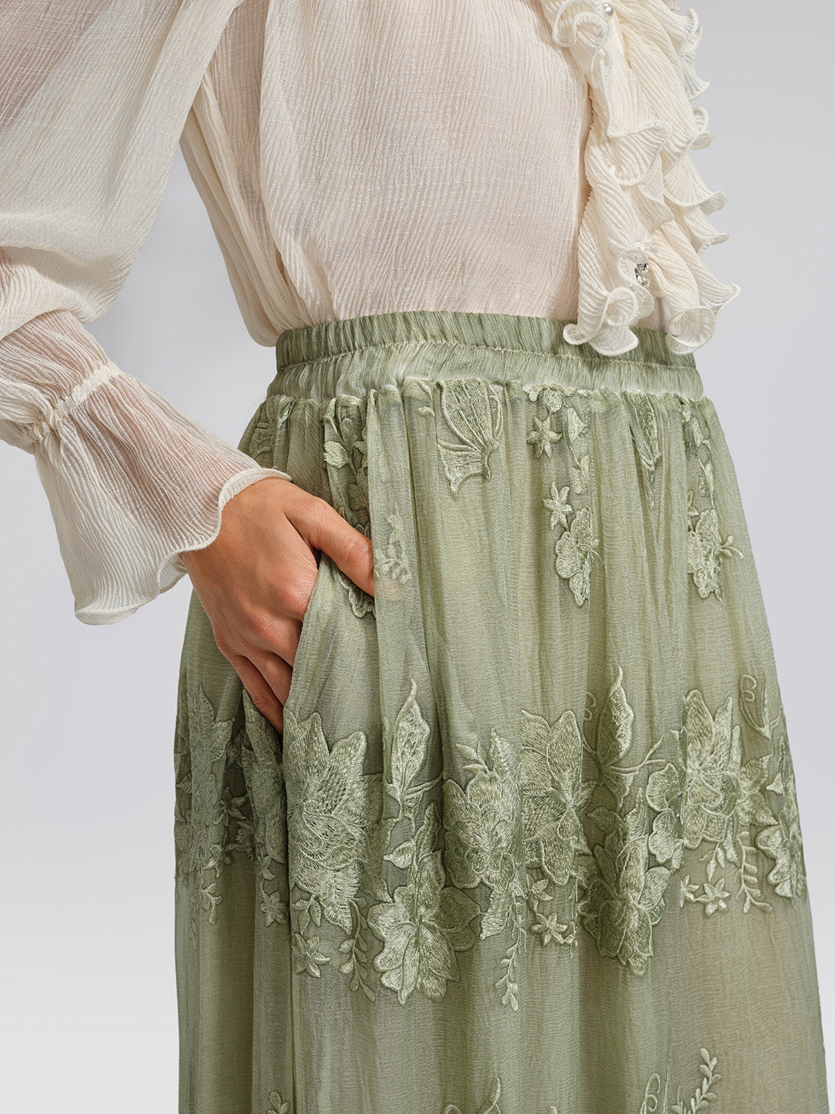 Hand-Dyed Embroidered Elastic-Waist Skirt