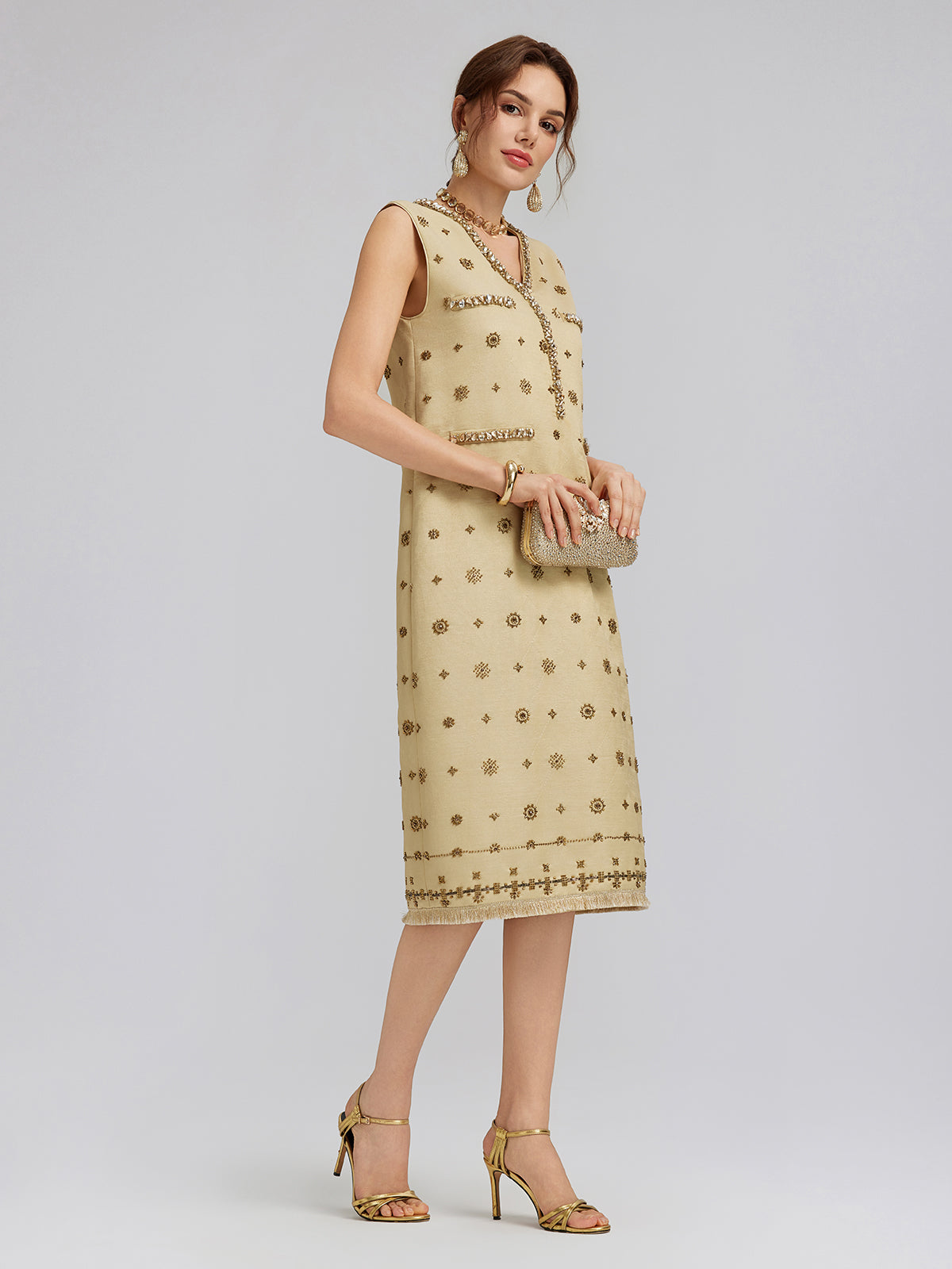 Hand-Beaded Fringe Sleeveless Dress