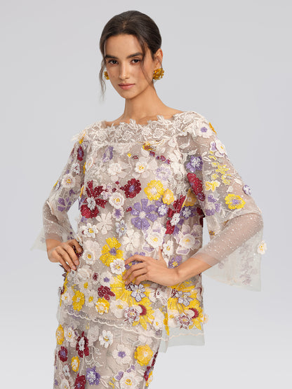 Floral Embroidered Beaded Lace Panel Top