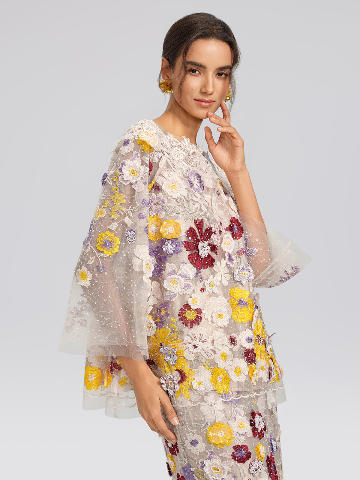 Floral Embroidered Beaded Lace Panel Top
