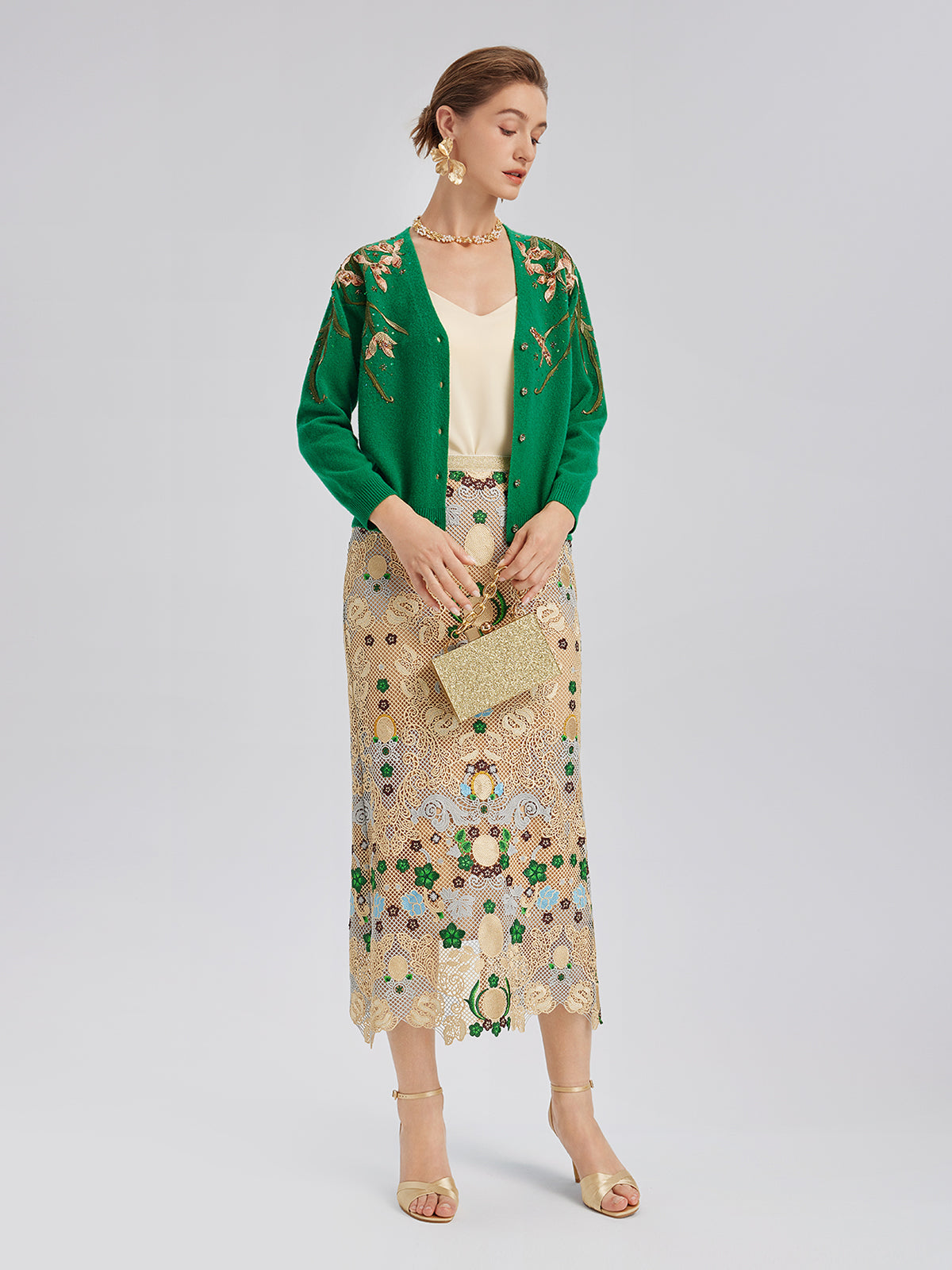 Wool Hand-Beaded Embroidered Cardigan (100% Wool)