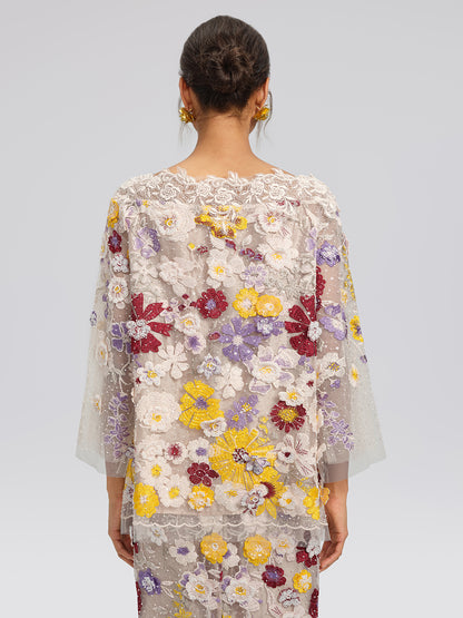 Floral Embroidered Beaded Lace Panel Top