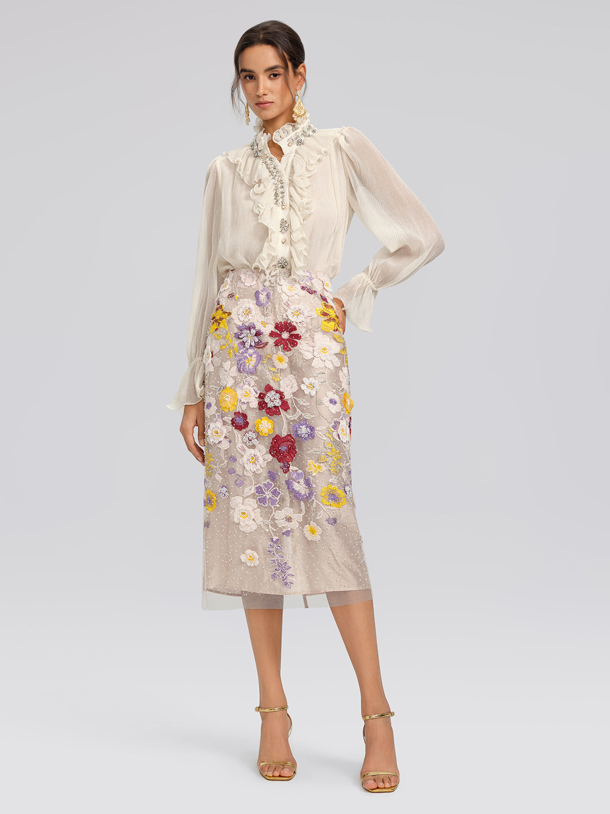 Ruffled Stand Collar Beaded Shirt