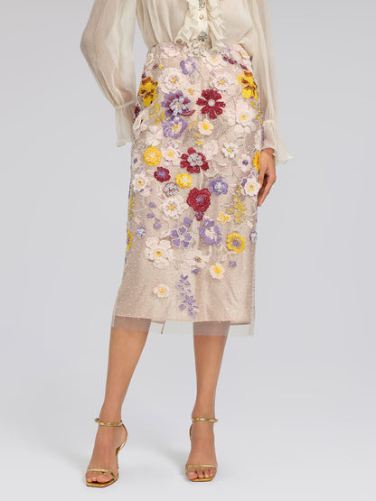 Beaded Floral Embroidered Sheer Mesh Skirt
