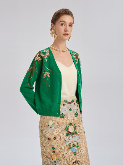Wool Hand-Beaded Embroidered Cardigan (100% Wool)