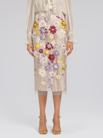 Beaded Floral Embroidered Sheer Mesh Skirt