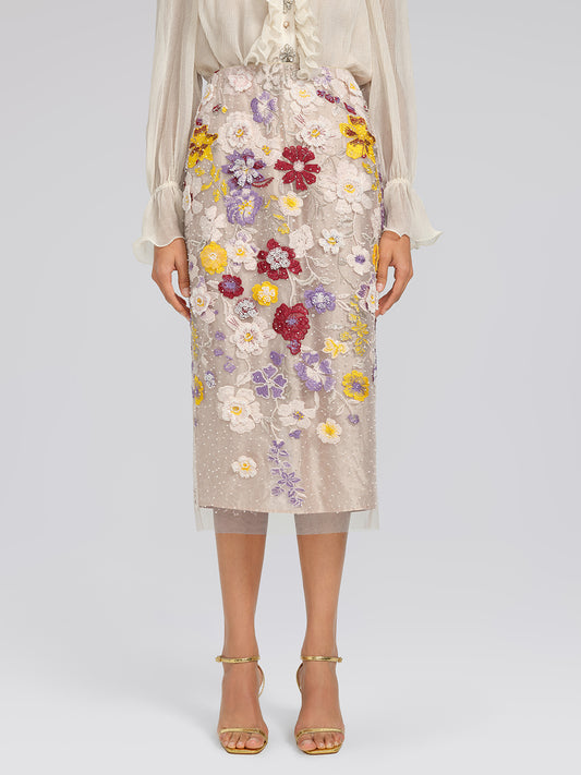 Beaded Floral Embroidered Sheer Mesh Skirt