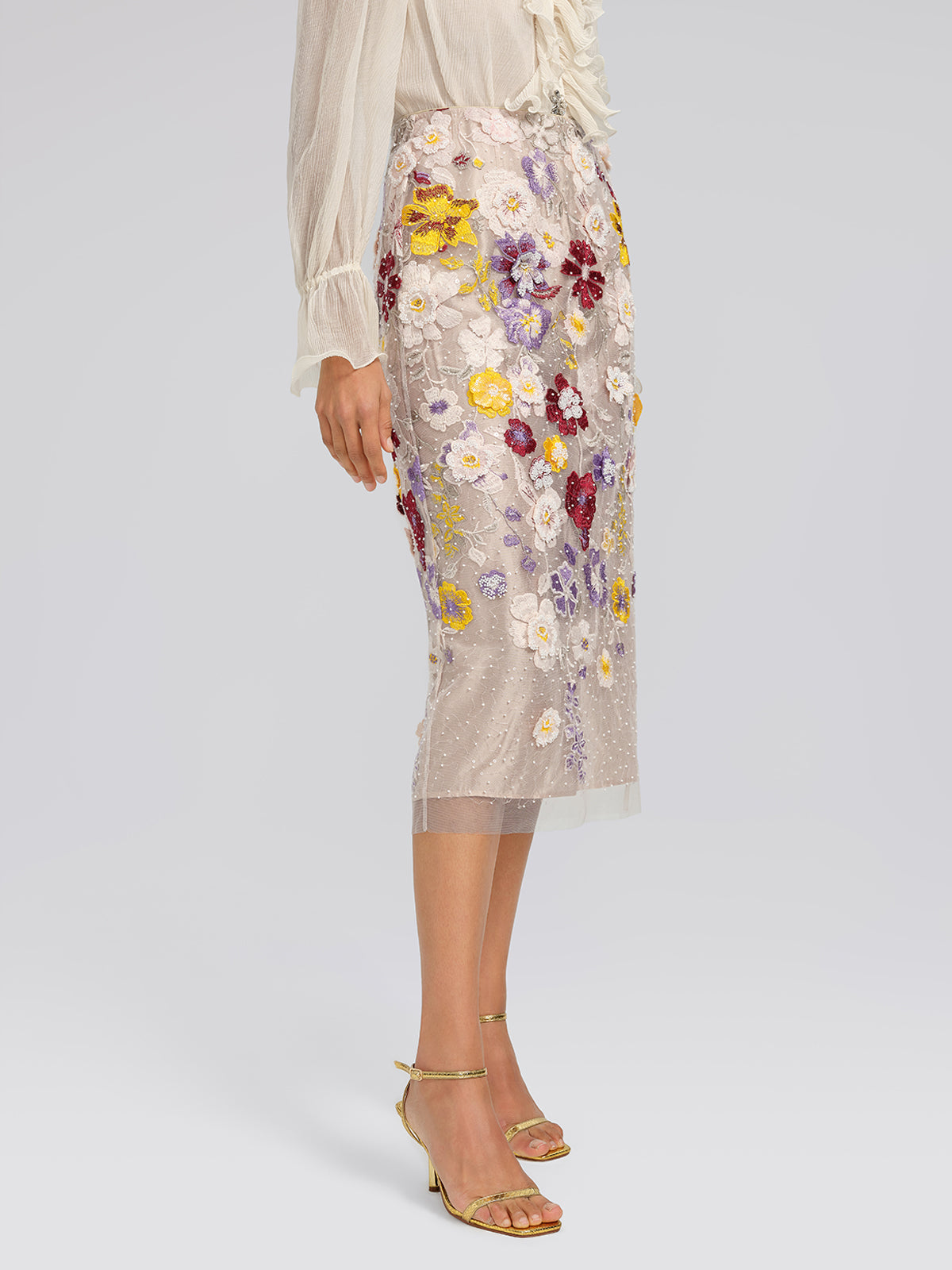 Beaded Floral Embroidered Sheer Mesh Skirt