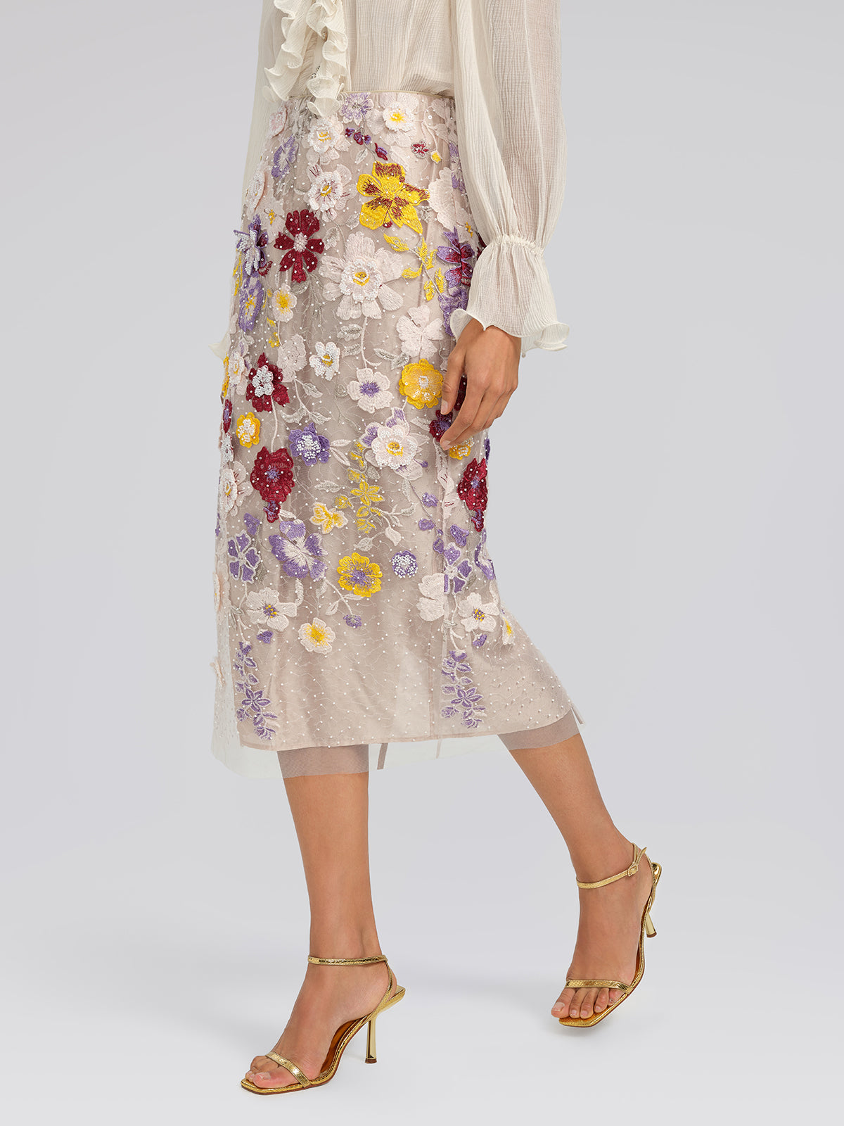 Beaded Floral Embroidered Sheer Mesh Skirt