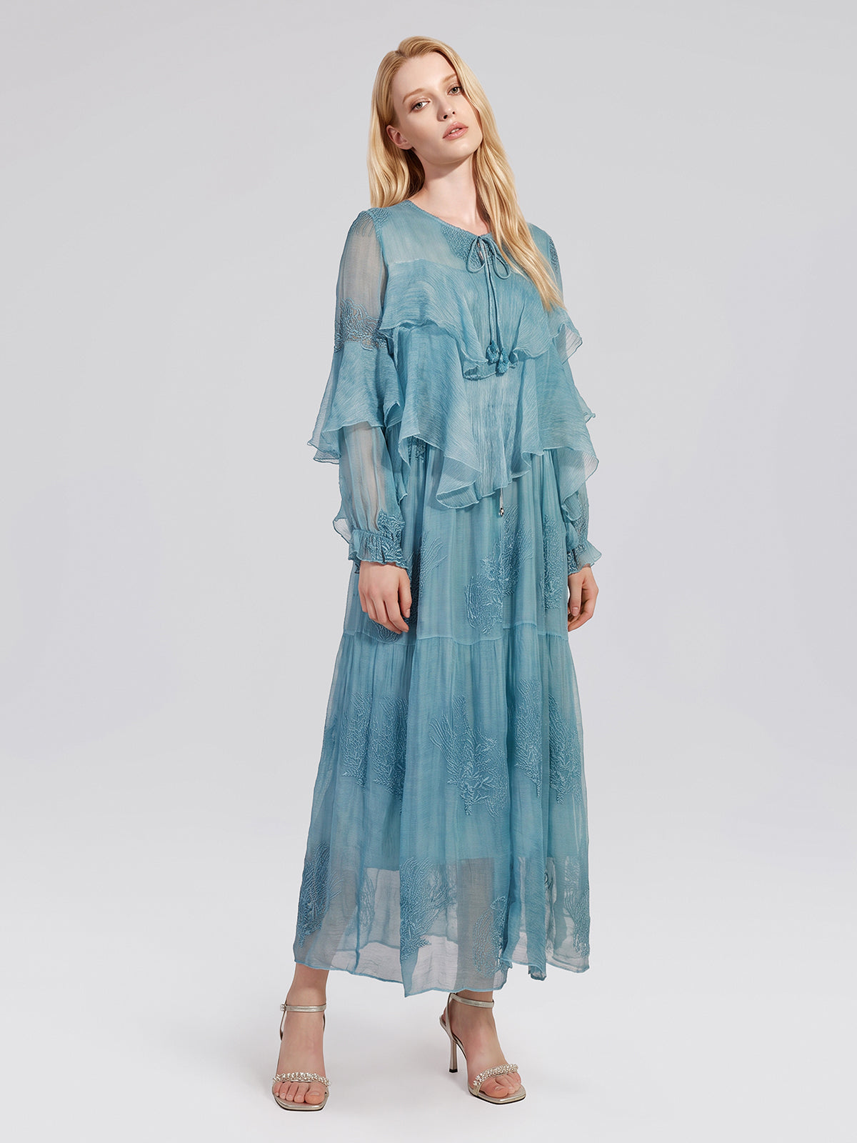 Washed Silk Floral Embroidered Dress