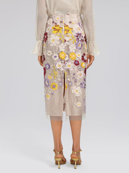 Beaded Floral Embroidered Sheer Mesh Skirt