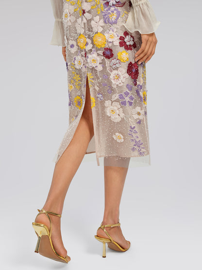 Beaded Floral Embroidered Sheer Mesh Skirt