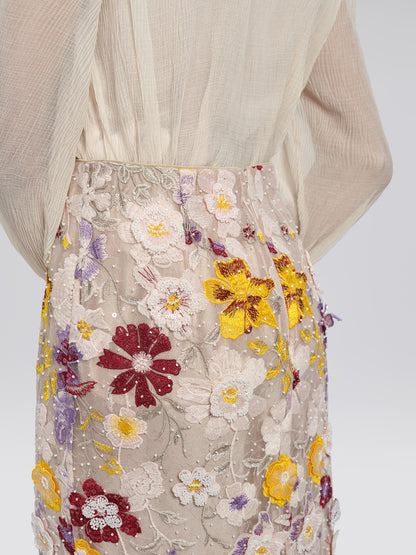 Beaded Floral Embroidered Sheer Mesh Skirt