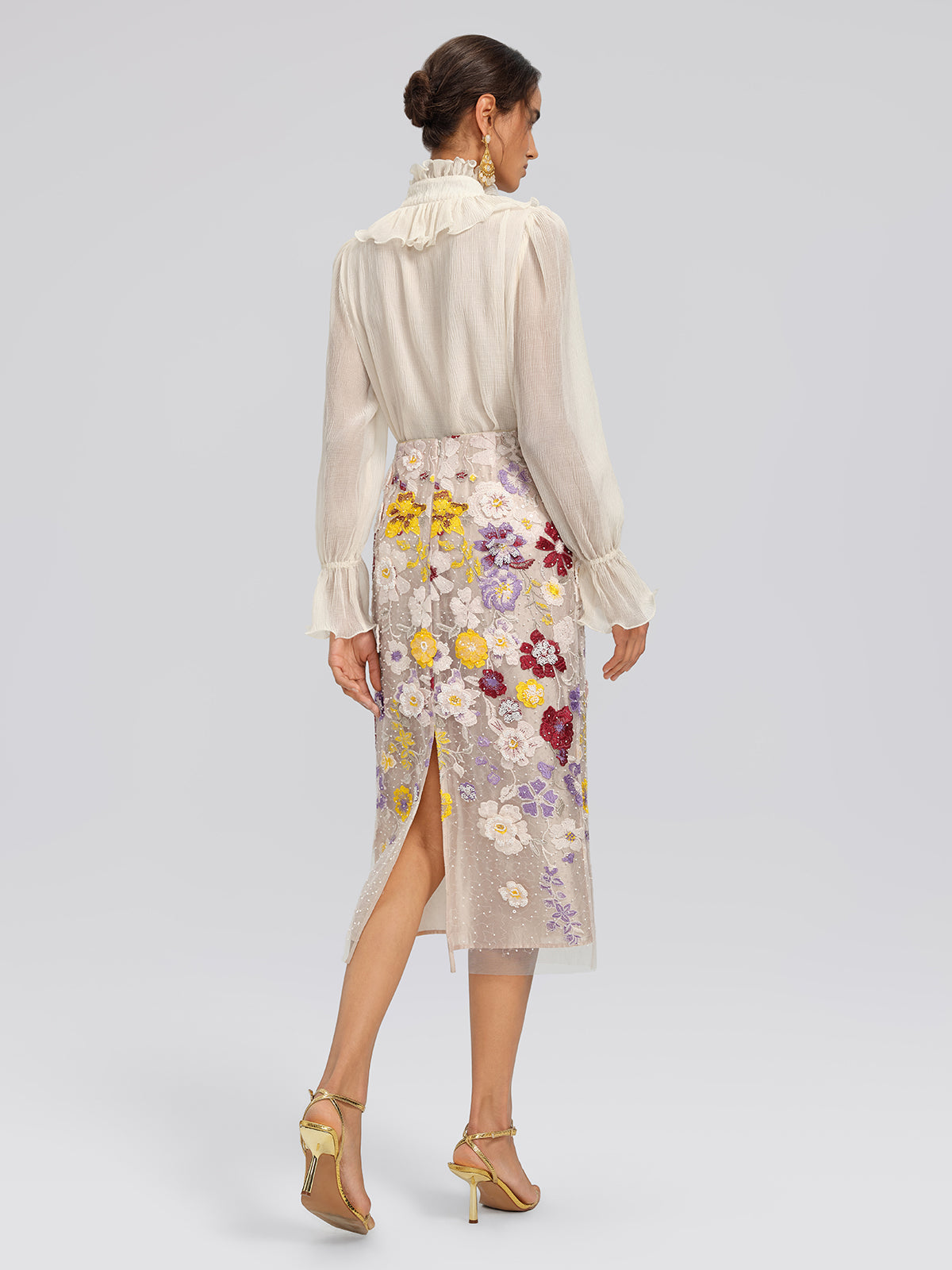 Beaded Floral Embroidered Sheer Mesh Skirt