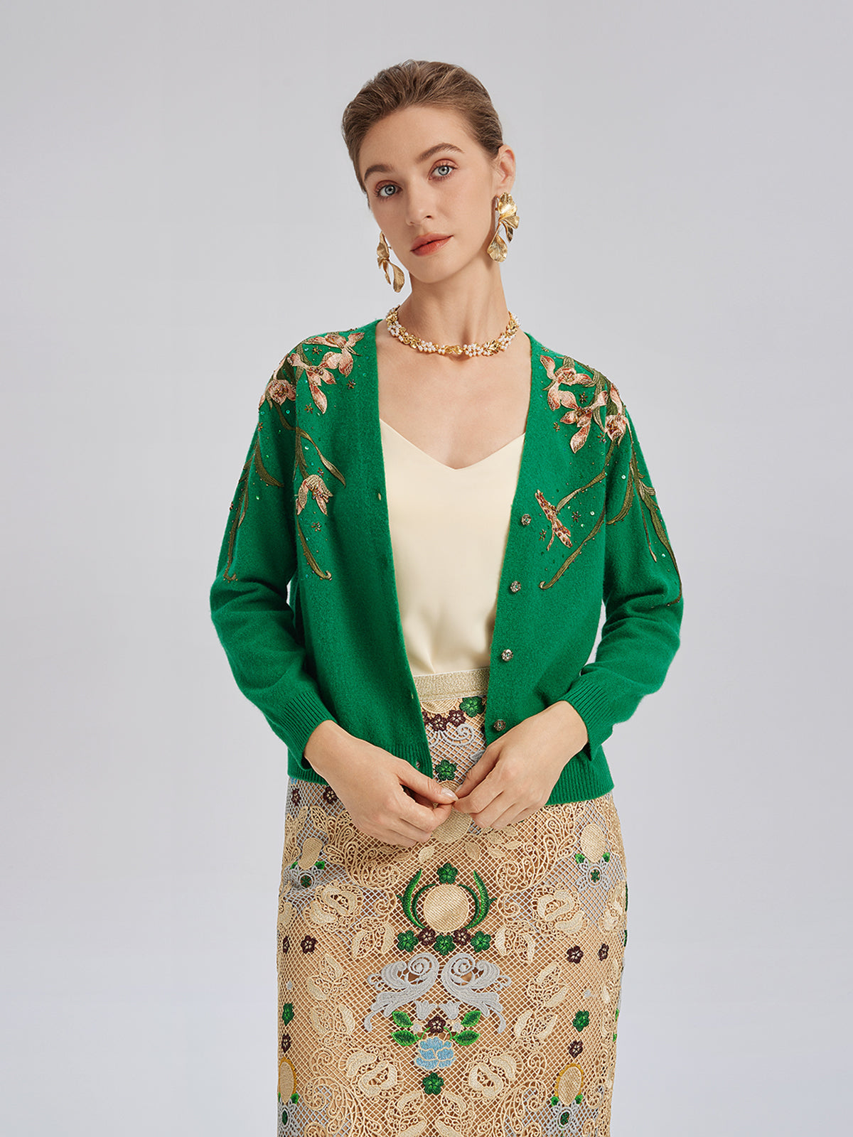 Wool Hand-Beaded Embroidered Cardigan (100% Wool)