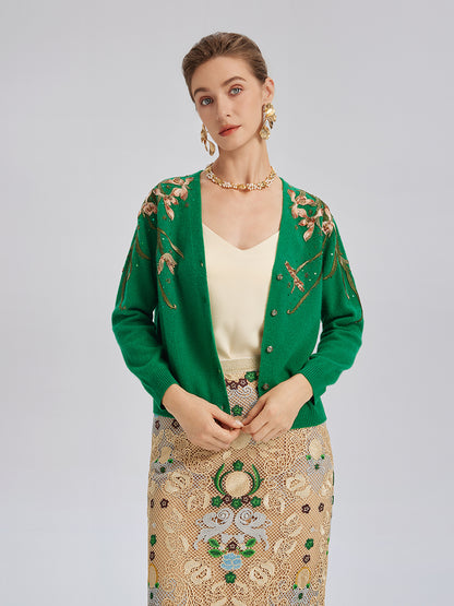 Wool Hand-Beaded Embroidered Cardigan (100% Wool)