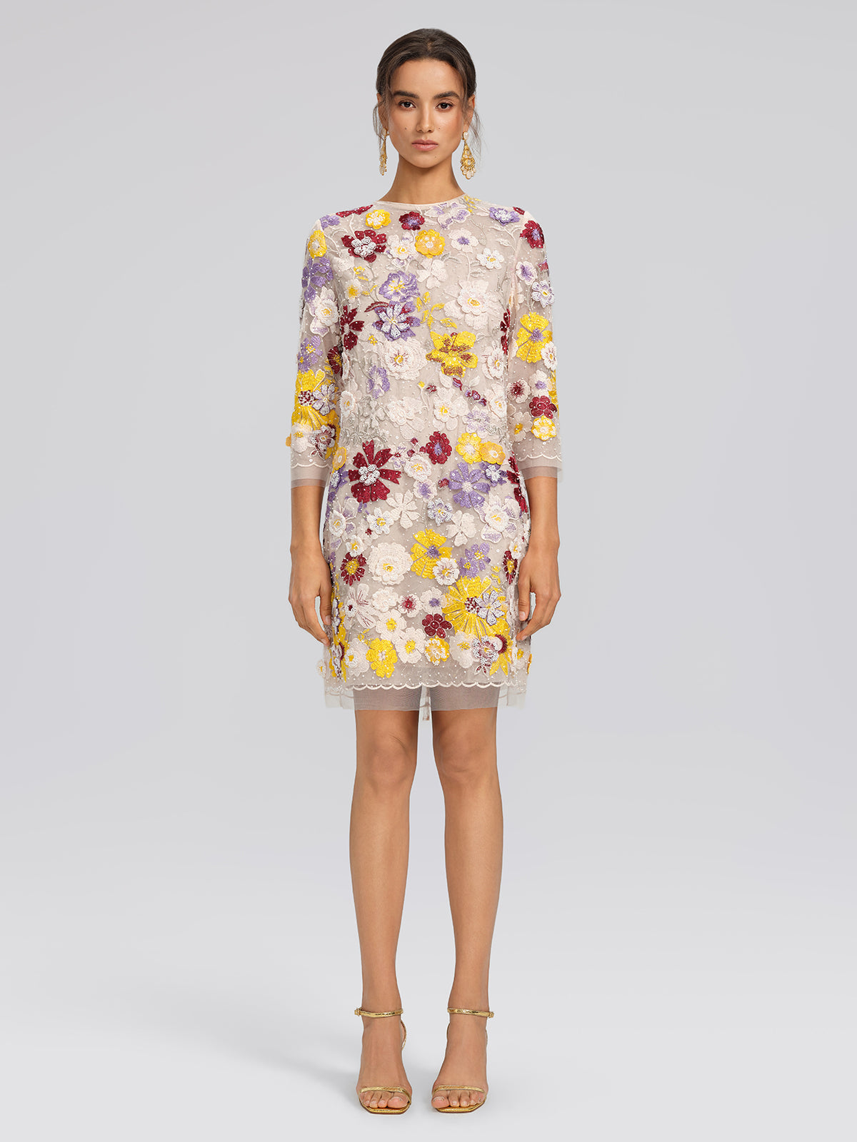 Beaded Floral Embroidered Sheer Mesh Dress (Slip Dress Included)