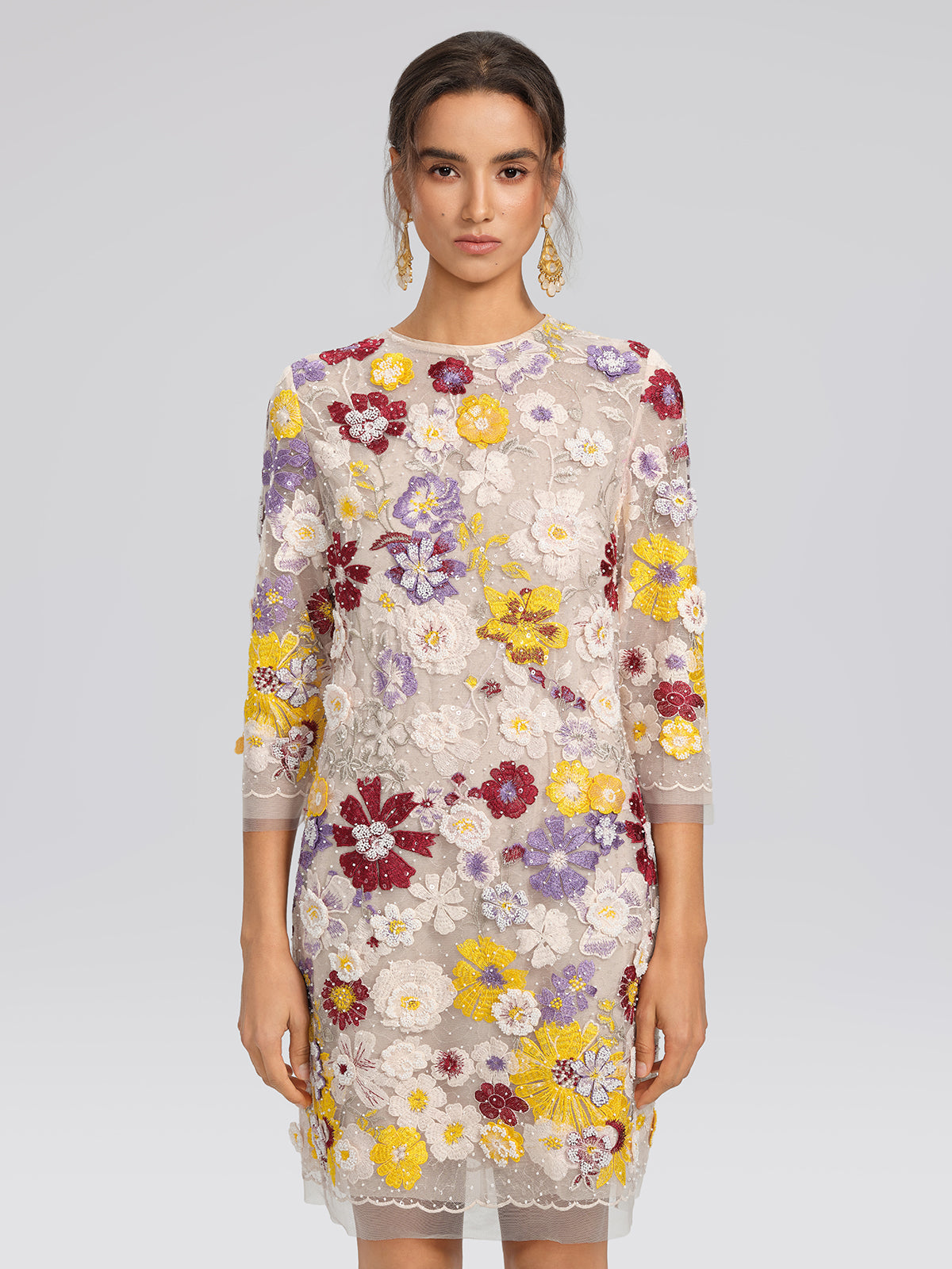 Beaded Floral Embroidered Sheer Mesh Dress (Slip Dress Included)