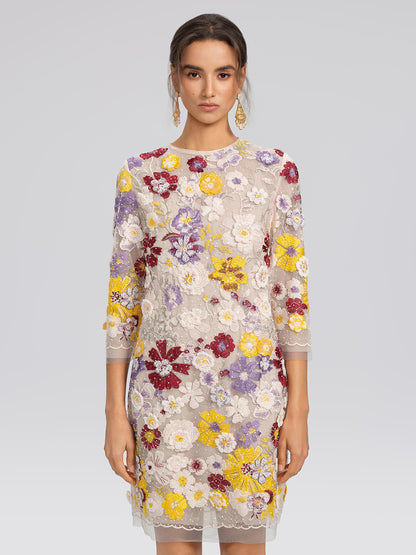 Beaded Floral Embroidered Sheer Mesh Dress (Slip Dress Included)