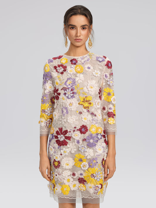 Beaded Floral Embroidered Sheer Mesh Dress (Slip Dress Included)