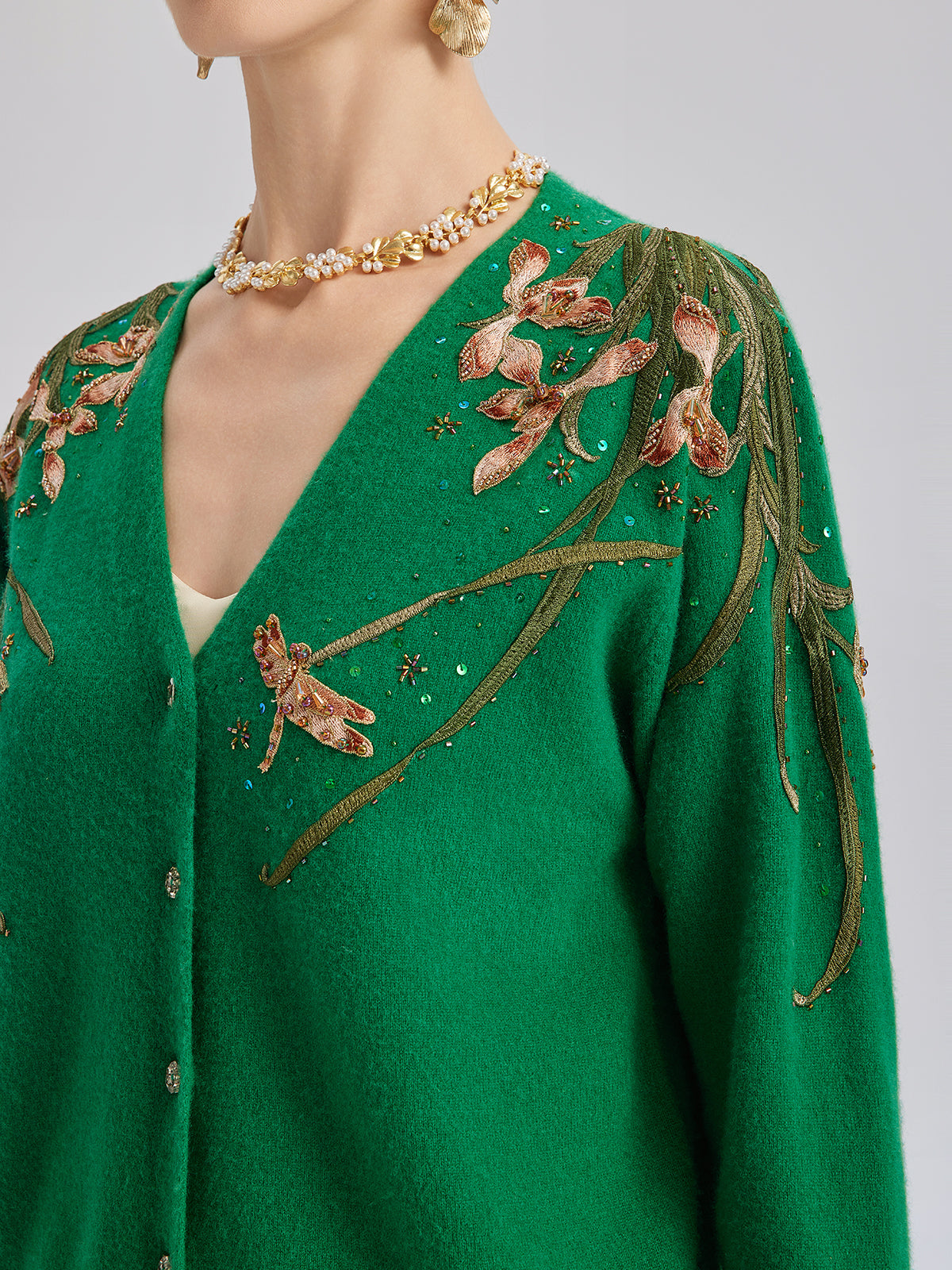 Wool Hand-Beaded Embroidered Cardigan (100% Wool)